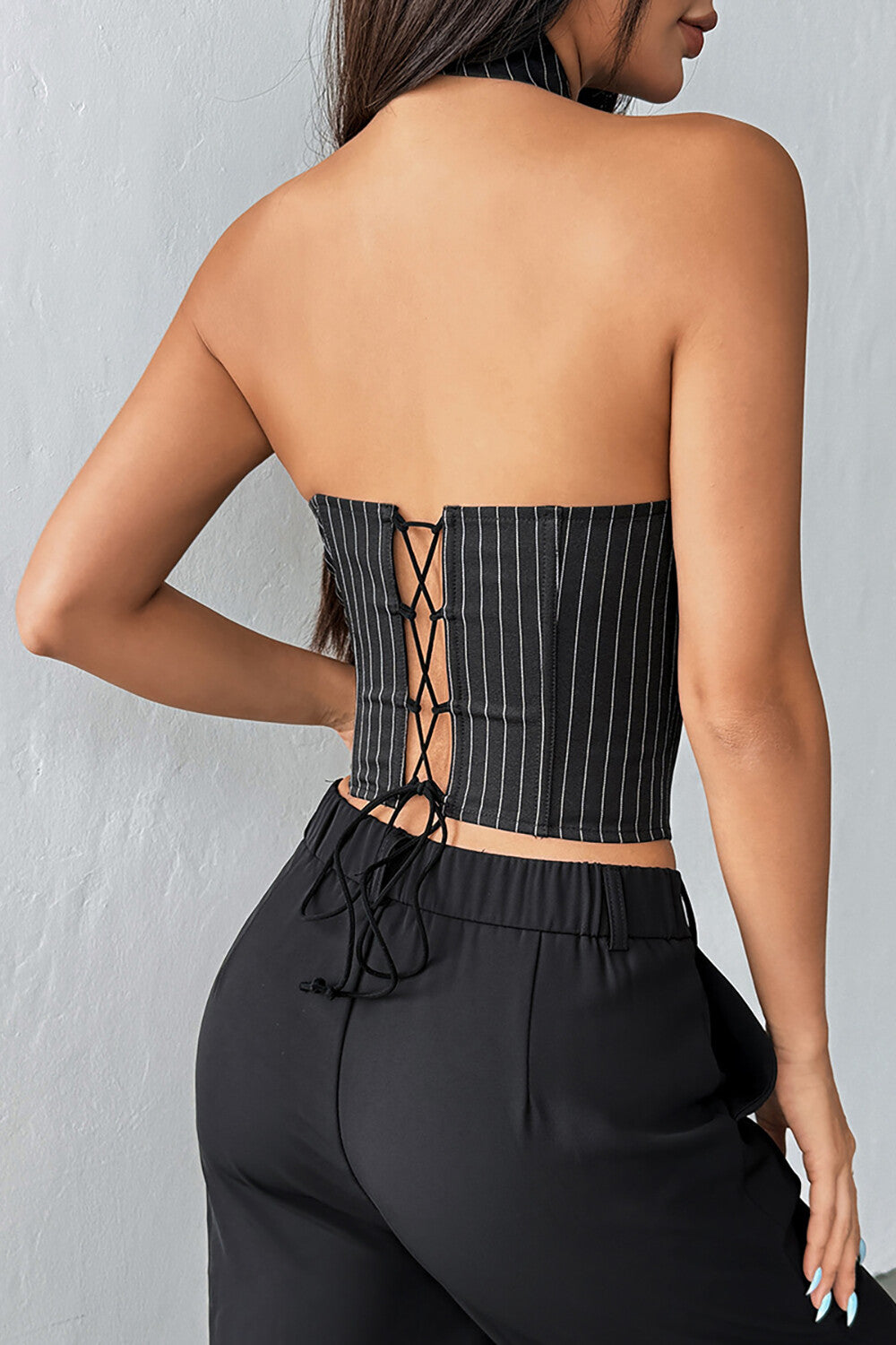 Halter Neck Tie Striped Print Casual Corset-Black