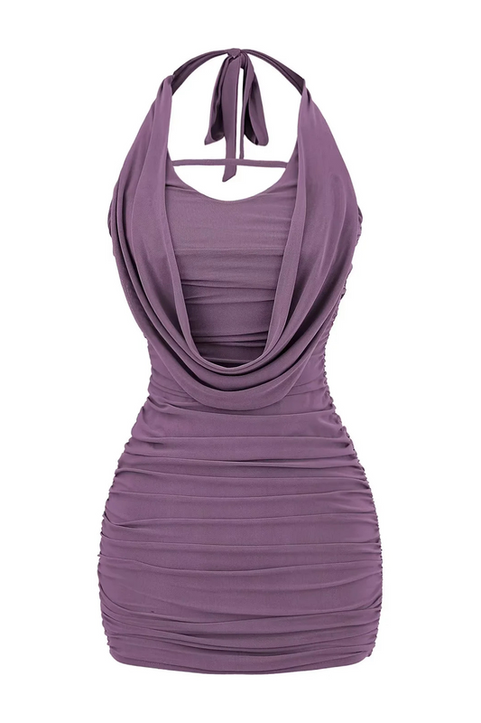 Halter Neck Draped Design Ruched Solid Color Bodycon Mini Dresses-Purple