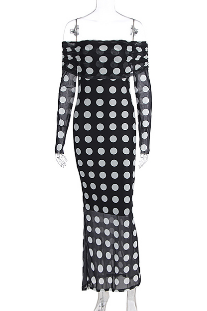 Polka Dot Print Off Shoulder Long Sleeve Bodycon Maxi Dresses-Black