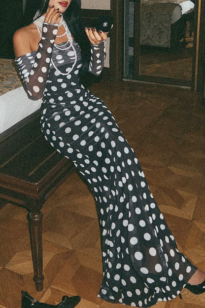 Polka Dot Print Off Shoulder Long Sleeve Bodycon Maxi Dresses-Black