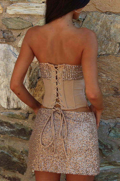 Sequin Strapless Corset Top Mini Skirt Party 2pcs Set-Nude [Pre Order]