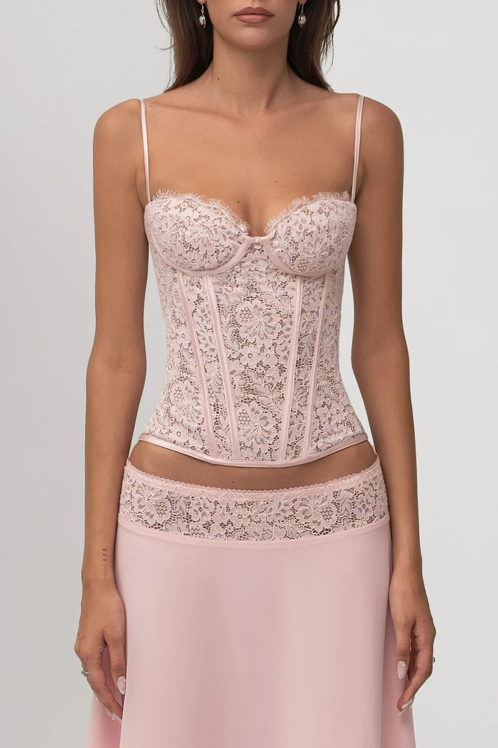 Lace Corset Cami Top Patchwork Midi Skirt Party 2pcs Set-Pink [Pre Order]