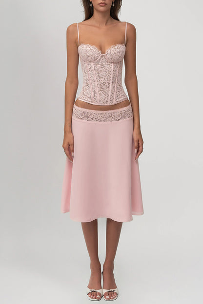 Lace Corset Cami Top Patchwork Midi Skirt Party 2pcs Set-Pink [Pre Order]