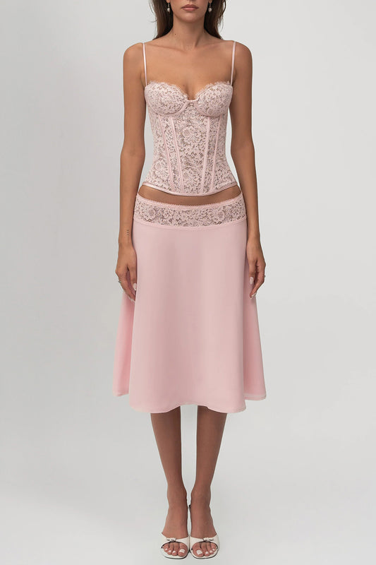 Lace Corset Cami Top Patchwork Midi Skirt Party 2pcs Set-Pink [Pre Order]