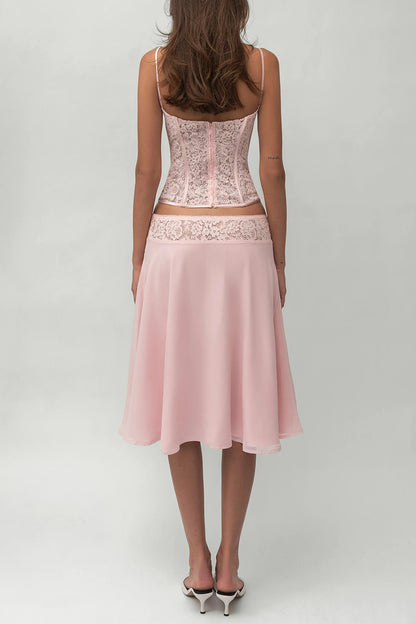 Lace Corset Cami Top Patchwork Midi Skirt Party 2pcs Set-Pink [Pre Order]