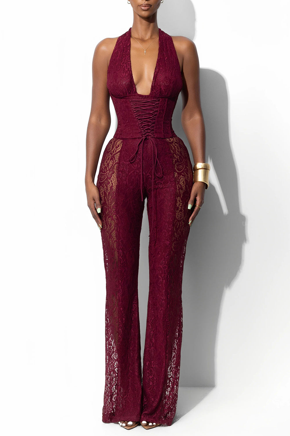 Guipure Lace Plunging Halterneck Lace-Up Party Jumpsuit-Burgundy[Pre Order]