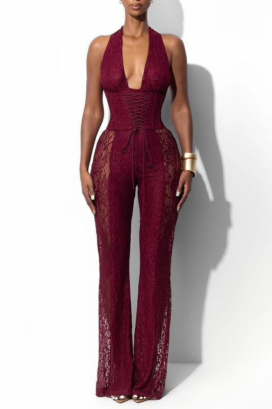 Guipure Lace Plunging Halterneck Lace-Up Party Jumpsuit-Burgundy[Pre Order]