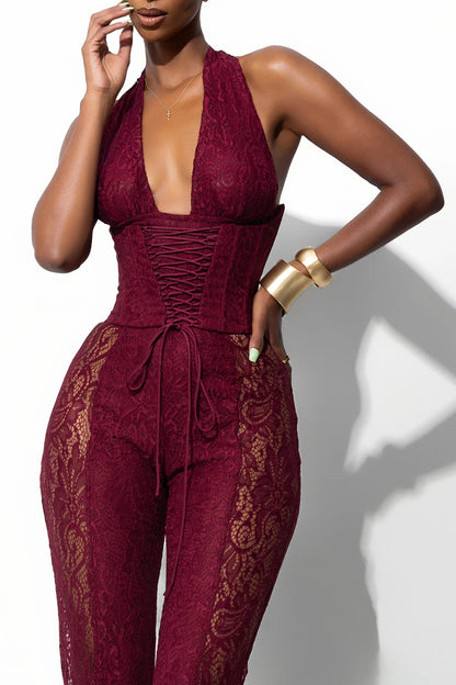 Guipure Lace Plunging Halterneck Lace-Up Party Jumpsuit-Burgundy[Pre Order]