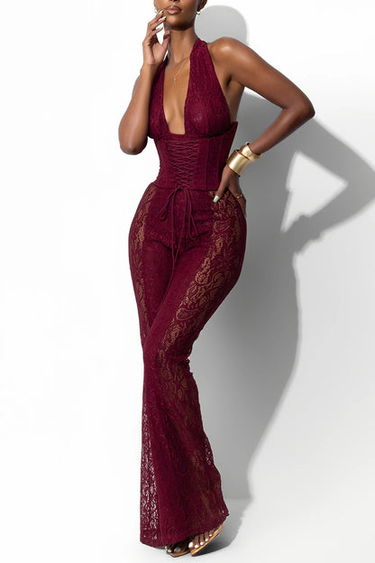 Guipure Lace Plunging Halterneck Lace-Up Party Jumpsuit-Burgundy[Pre Order]