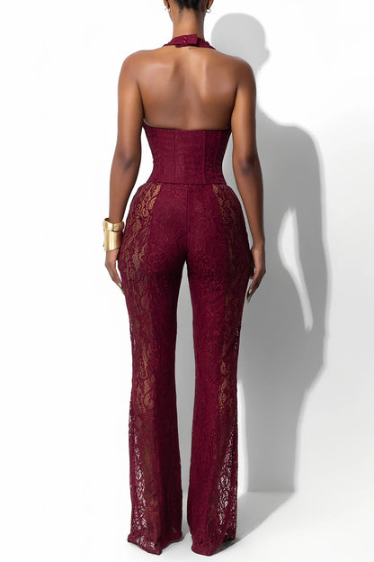 Guipure Lace Plunging Halterneck Lace-Up Party Jumpsuit-Burgundy[Pre Order]