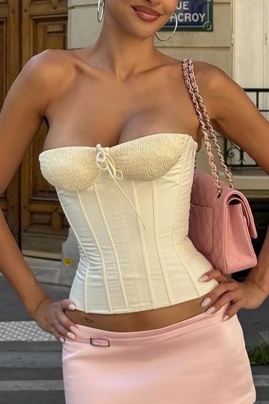 Ruched Strapless Tie Up Solid Color Bodice-Beige