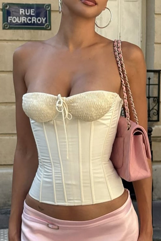 Ruched Strapless Tie Up Solid Color Bodice-Beige