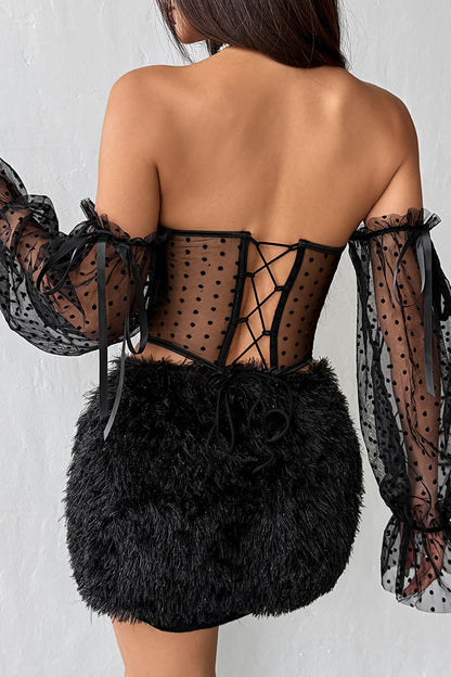 Off Shoulder Flare Sleeve Polka Dot Print See Through Mesh Corset-Black