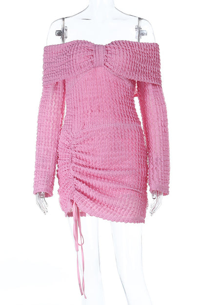 Textured Jacquard Solid Color Off Shoulder Long Sleeve Fitted Mini Dresses-Pink