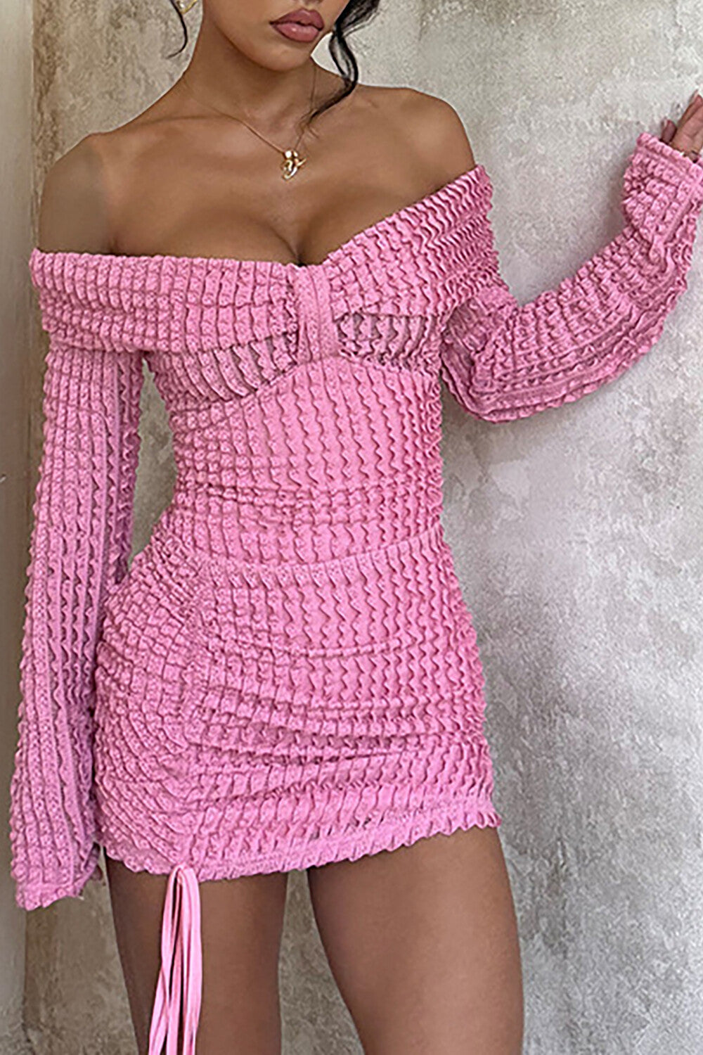 Textured Jacquard Solid Color Off Shoulder Long Sleeve Fitted Mini Dresses-Pink