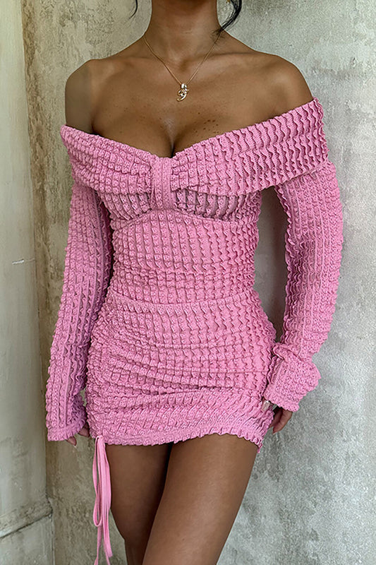 Textured Jacquard Solid Color Off Shoulder Long Sleeve Fitted Mini Dresses-Pink