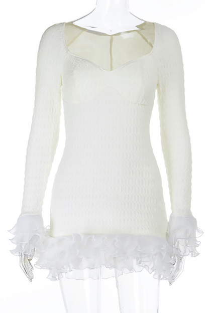 Tulle Tiered Ruffled Patchwork Long Sleeve Textured Mini Dresses-OffWhite