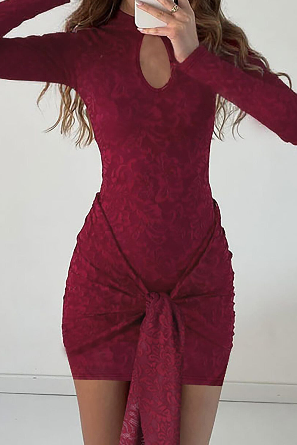 Stand Collar Long Sleeve Cutout Ruched Streamer Lace Mini Dresses-Burgundy