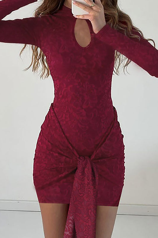 Stand Collar Long Sleeve Cutout Ruched Streamer Lace Mini Dresses-Burgundy