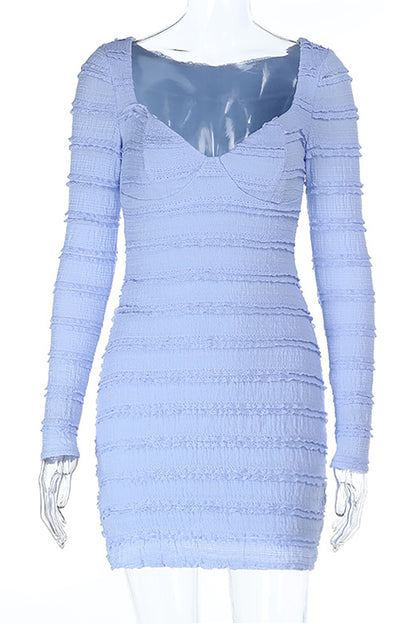 V Neckline Long Sleeve Frilled Trim Solid Color Slim Fit Mini Dresses-Blue