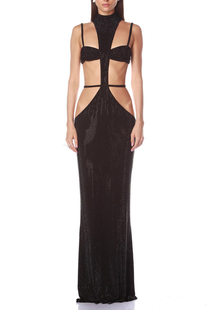 Sequin Mock Neck Cami Cutout Slim-Fit Party Maxi Dresses-Black [Pre Order]