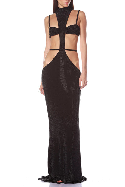 Sequin Mock Neck Cami Cutout Slim-Fit Party Maxi Dresses-Black [Pre Order]