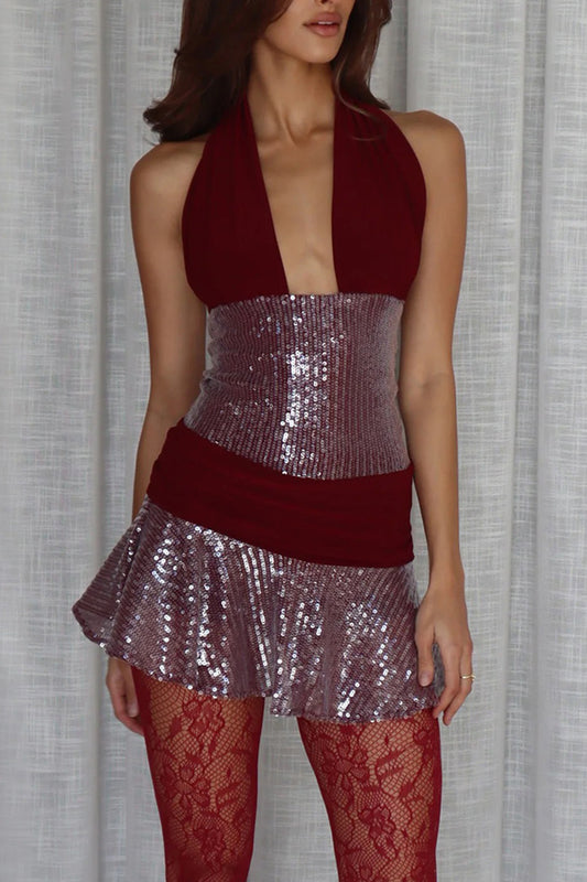 Plunging Halter Backless Sequin Patchwork Party Mini Dresses-Red [Pre Order]