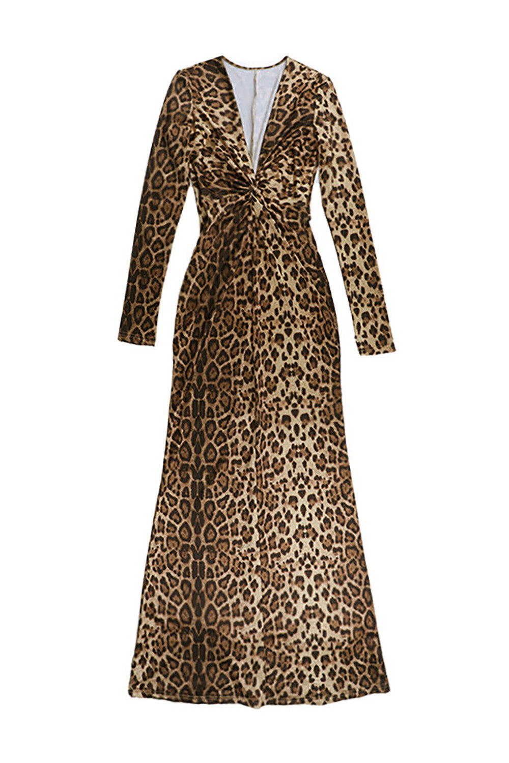 Deep V Neck Long Sleeve Leopard Print Twisted Bodycon Maxi Dresses-LightBrown