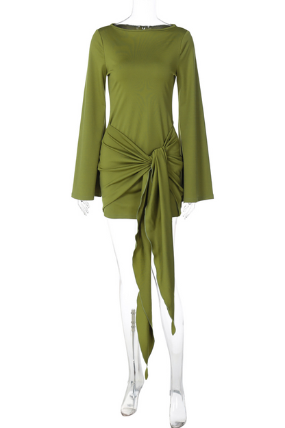 Bell Sleeve Solid Color Slim Fit Ruched Tie Up Streamer Mini Dresses-Green