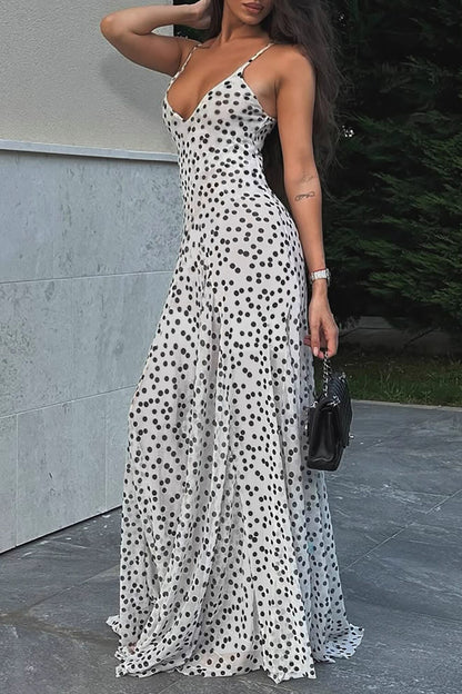 Deep V Neck Polka Dot Print Strappy Maxi Dresses-White