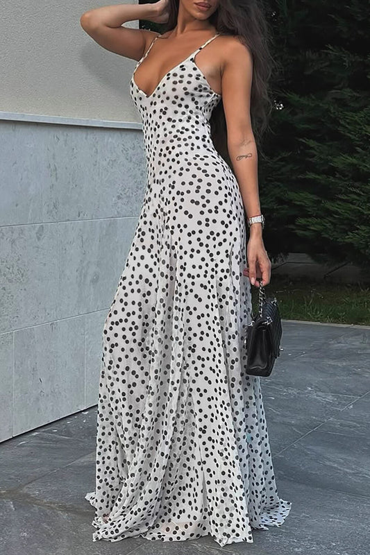 Deep V Neck Polka Dot Print Strappy Maxi Dresses-White