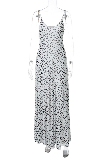 Deep V Neck Polka Dot Print Strappy Maxi Dresses-White