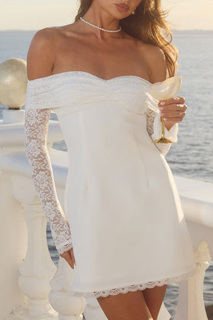 Floral Lace Patchwork Off Shoulder Long Sleeve Slim Fit Mini Dresses-White