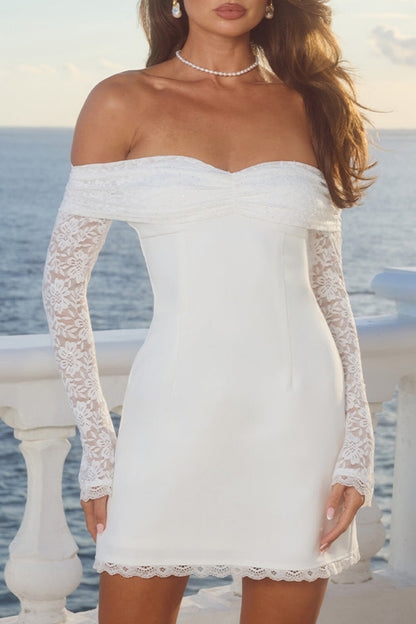 Floral Lace Patchwork Off Shoulder Long Sleeve Slim Fit Mini Dresses-White