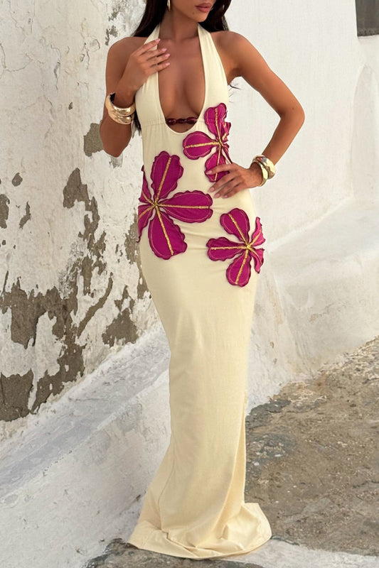 Deep U Halter Backless Flower Patch Party Maxi Dresses-Beige [Pre Order]