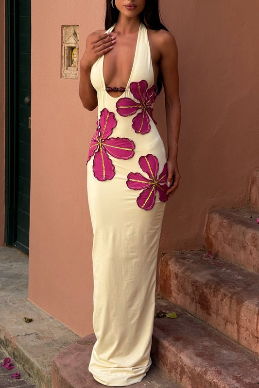 Deep U Halter Backless Flower Patch Party Maxi Dresses-Beige [Pre Order]