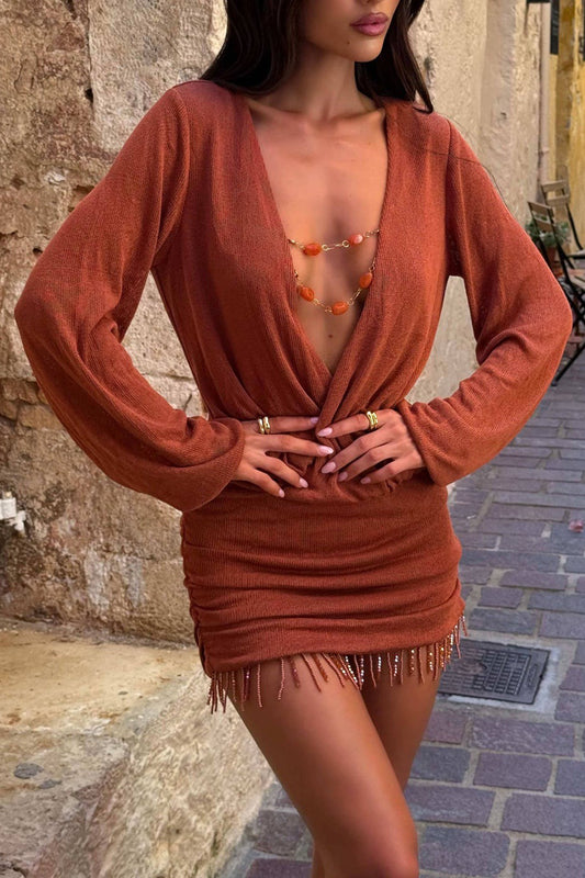 Surplice Neck Long Sleeve Fringe Hem Vacay Mini Dresses-Camel [Pre Order]