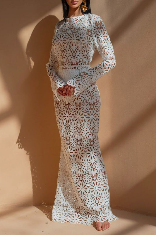 Floral Cutout Lace Long Sleeve Backless See Through Maxi Dresses-White