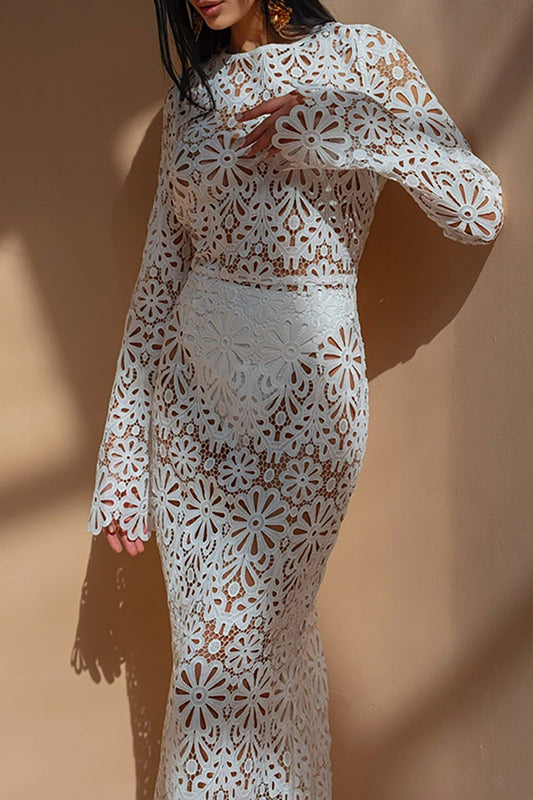 Floral Cutout Lace Long Sleeve Backless See Through Maxi Dresses-White