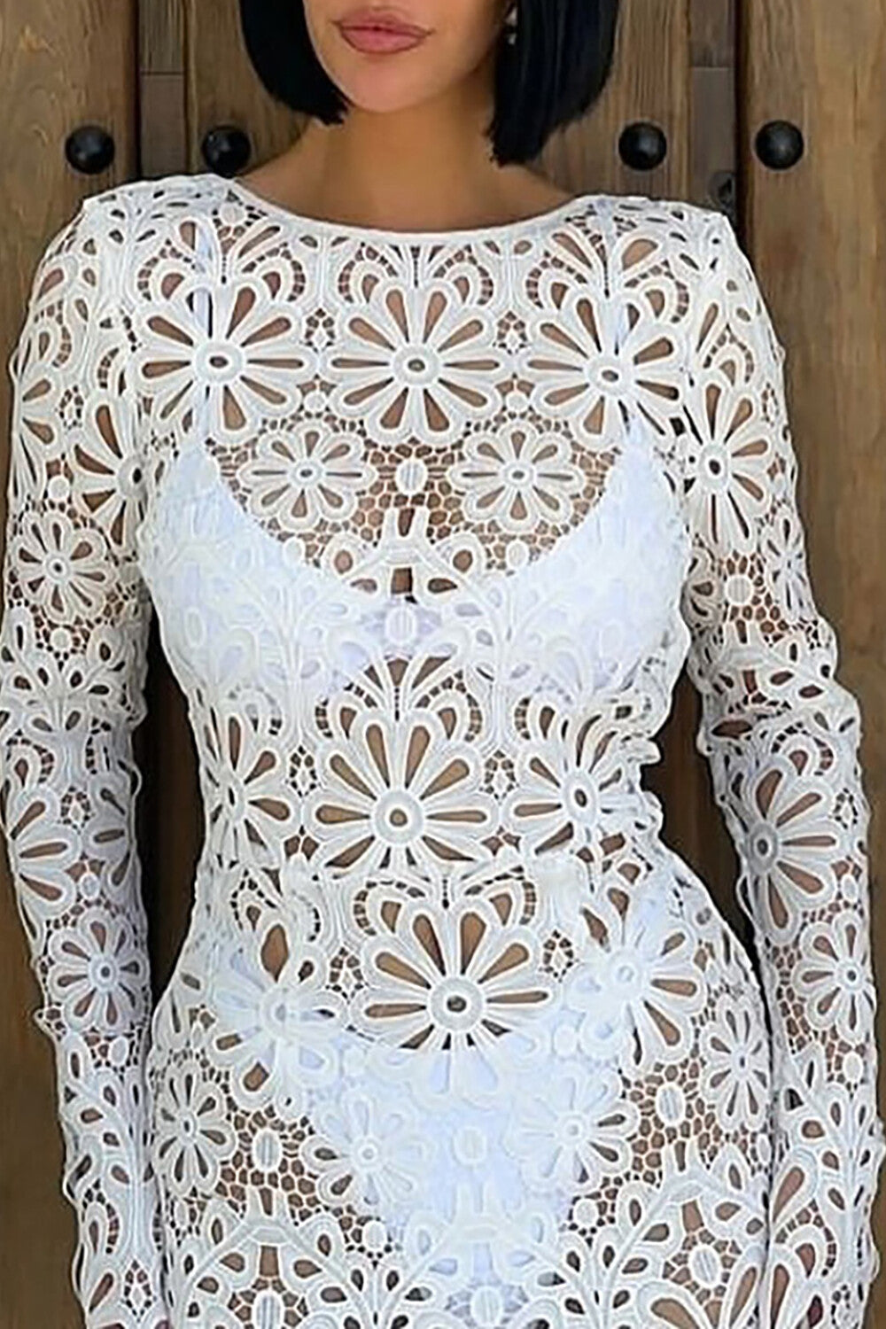 Floral Cutout Lace Long Sleeve Backless See Through Maxi Dresses-White