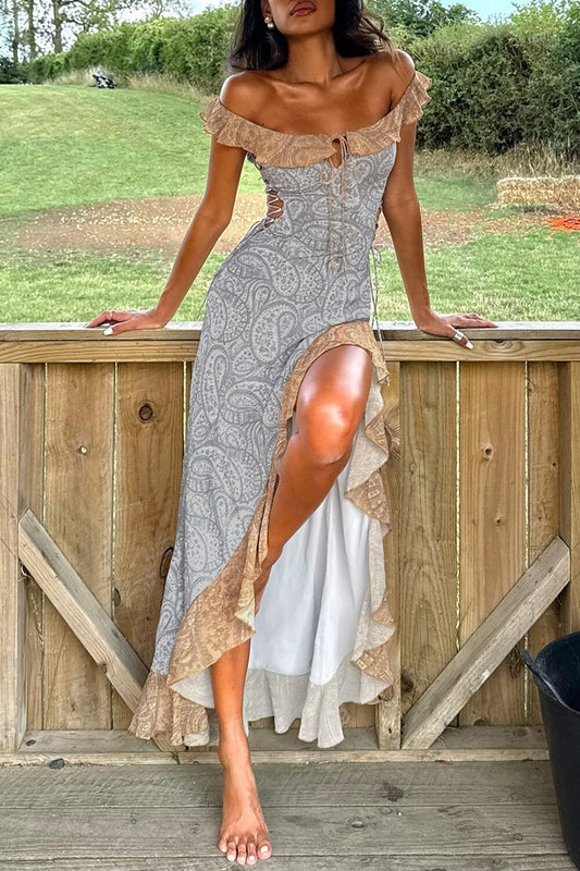 Paisley Print Slim Fit Colorblock Ruffled Slit Hem Maxi Dresses-Grey