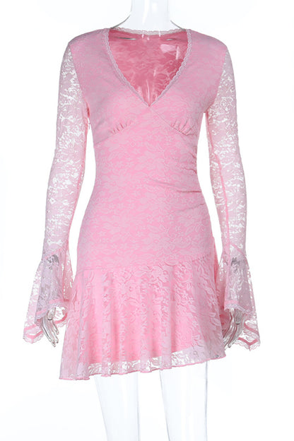 V Neckline Flare Sleeve Floral Lace Slim Fit Mini Dresses-Pink