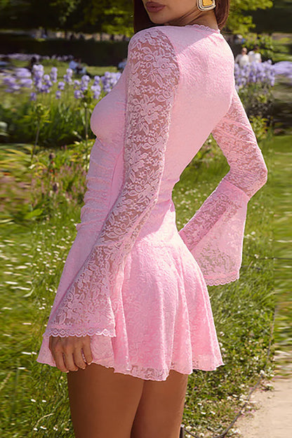 V Neckline Flare Sleeve Floral Lace Slim Fit Mini Dresses-Pink