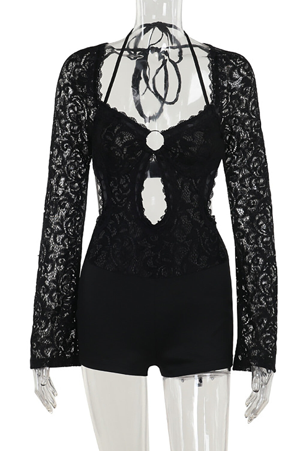 Jacquard Lace Patchwork Flare Sleeve Cutout Skinny Playsuit Romper-Black