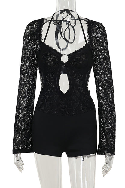 Jacquard Lace Patchwork Flare Sleeve Cutout Skinny Playsuit Romper-Black