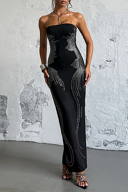 Hot Drilling Pattern Bodycon Side Slit Strapless Maxi Dresses-Black