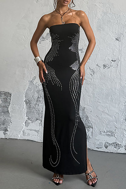 Hot Drilling Pattern Bodycon Side Slit Strapless Maxi Dresses-Black