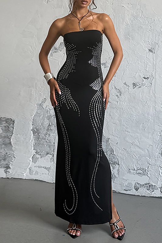 Hot Drilling Pattern Bodycon Side Slit Strapless Maxi Dresses-Black