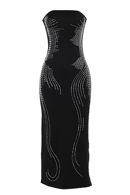 Hot Drilling Pattern Bodycon Side Slit Strapless Maxi Dresses-Black