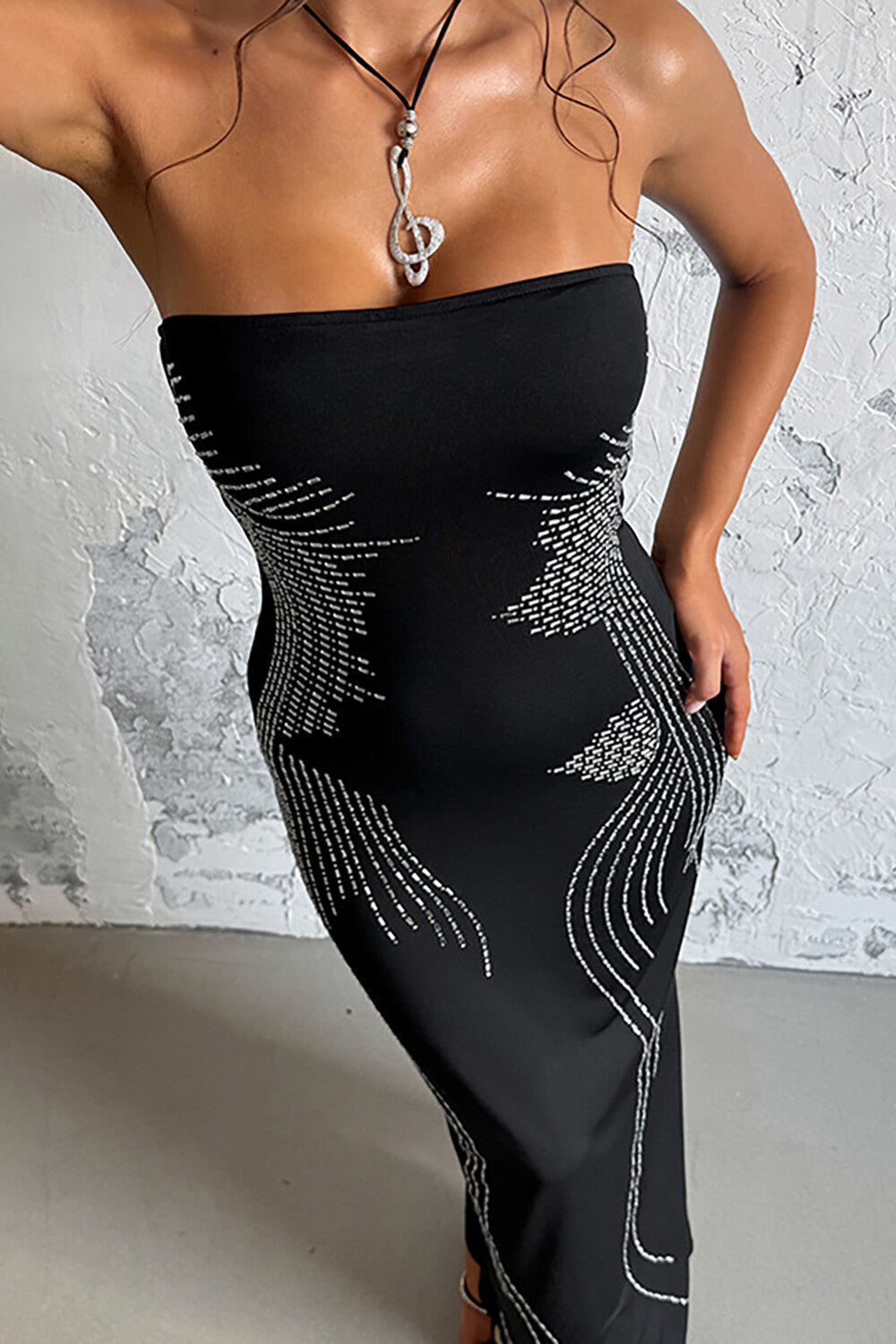 Hot Drilling Pattern Bodycon Side Slit Strapless Maxi Dresses-Black